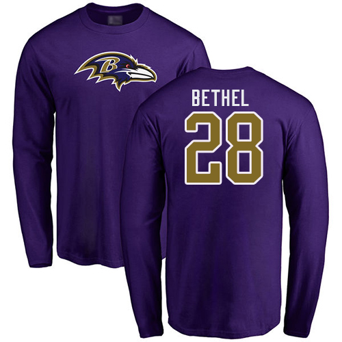 Men Baltimore Ravens Purple Justin Bethel Name and Number Logo NFL Football #28 Long Sleeve T Shirt